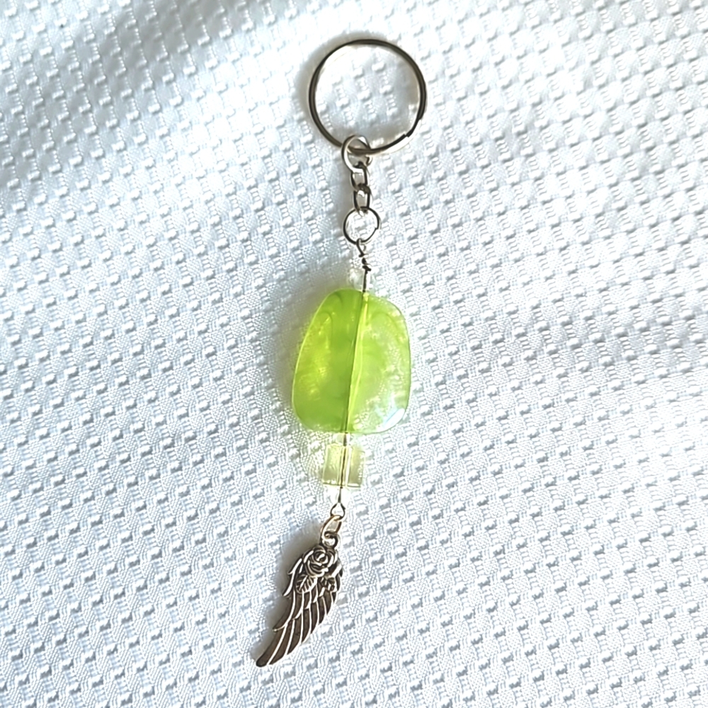 Hand Crafted Ethereal Lime Green Beaded Angel Wing Keychain